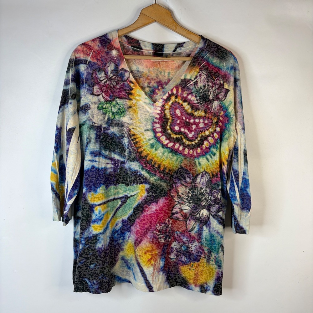 Avenue Top Women 18/20 Multicolor Floral Abstract V-Neck 3/4 Sleeve USA Made